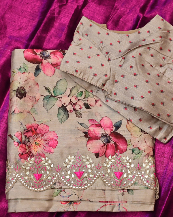 Nimra – Pure Tussar Saree in Beige with Floral Prints and Hand Embellished Border