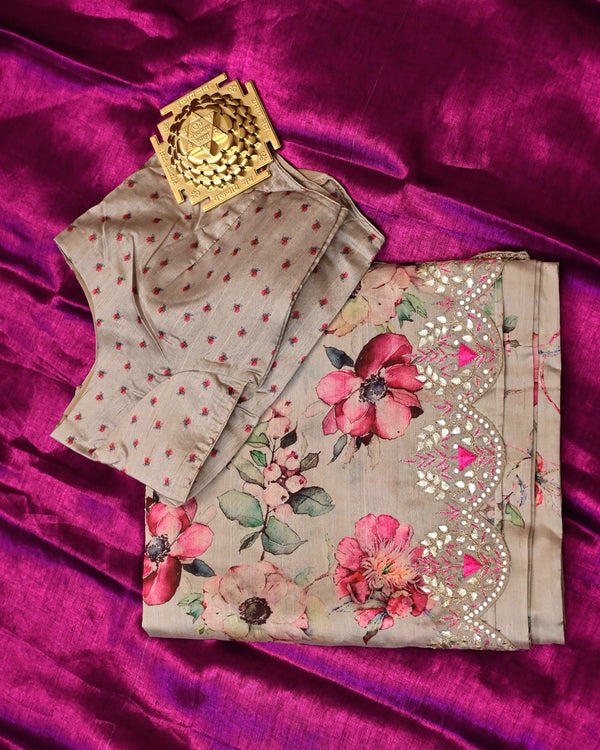 Nimra – Pure Tussar Saree in Beige with Floral Prints and Hand Embellished Border