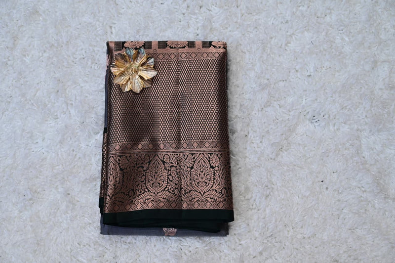 Big Border Venkatagiri Silk Saree – Charcoal Grey & Antique Copper