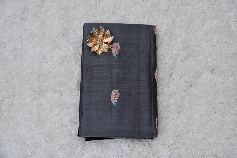 Big Border Venkatagiri Silk Saree – Charcoal Grey & Antique Copper