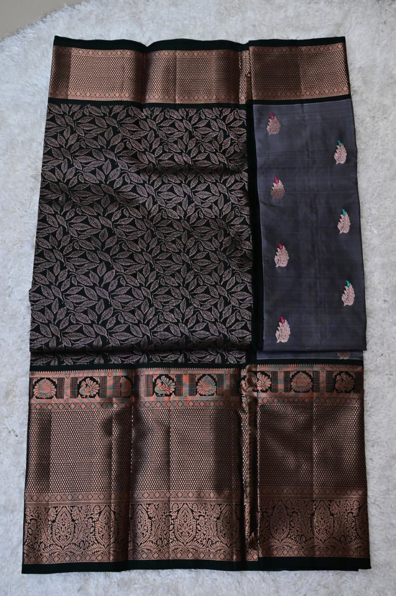 Big Border Venkatagiri Silk Saree – Charcoal Grey & Antique Copper