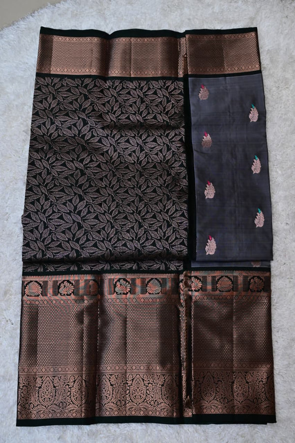 Big Border Venkatagiri Silk Saree – Charcoal Grey & Antique Copper