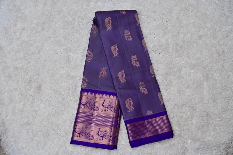 Lavender Venkatagiri Silk Saree with Peacock Border