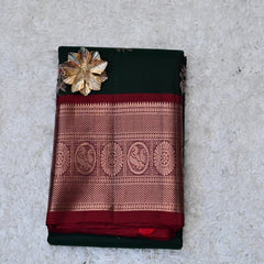 Bottle Green Pure Venkatagiri Silk Saree with Maroon Contrast