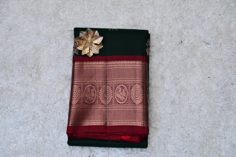 Bottle Green Pure Venkatagiri Silk Saree with Maroon Contrast