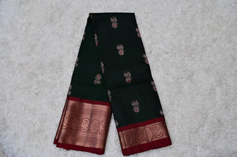 Bottle Green Pure Venkatagiri Silk Saree with Maroon Contrast