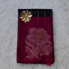 Borderless Venkatagiri Silk Saree – Black with Plum Pallu