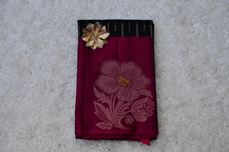 Borderless Venkatagiri Silk Saree – Black with Plum Pallu