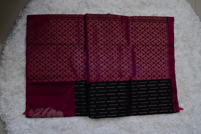 Borderless Venkatagiri Silk Saree – Black with Plum Pallu