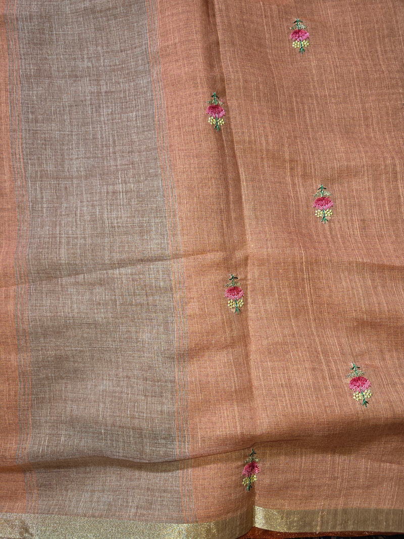 Linen Sari with Embroidered Motifs and Contrast Blouse