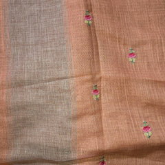 Linen Sari with Embroidered Motifs and Contrast Blouse