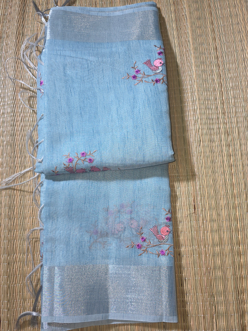 Linen Tissue Saree with Bird Motifs