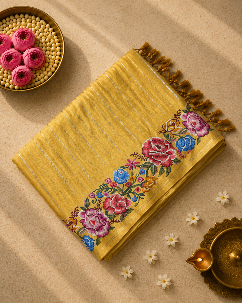 Tussar Silk Saree with Embroidery and Zari Stripes