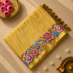 Tussar Silk Saree with Embroidery and Zari Stripes
