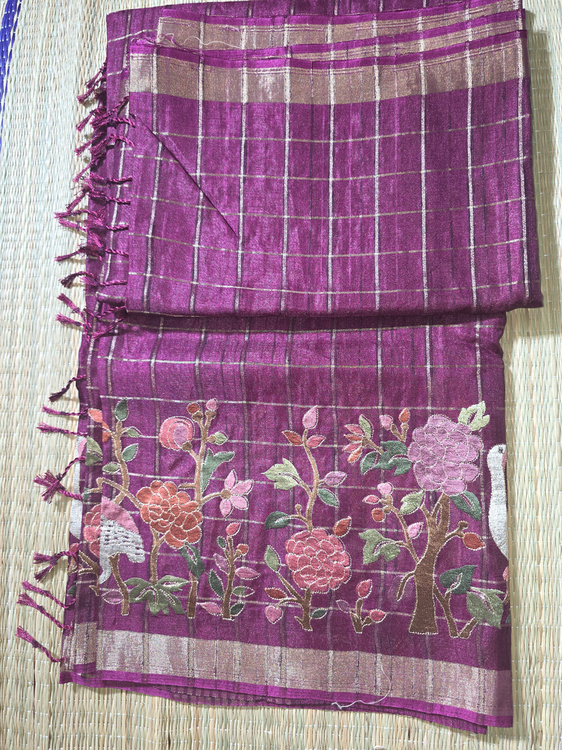 Pure Handloom Tussar Saree with Zari Checks and Embroidery