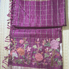 Pure Handloom Tussar Saree with Zari Checks and Embroidery