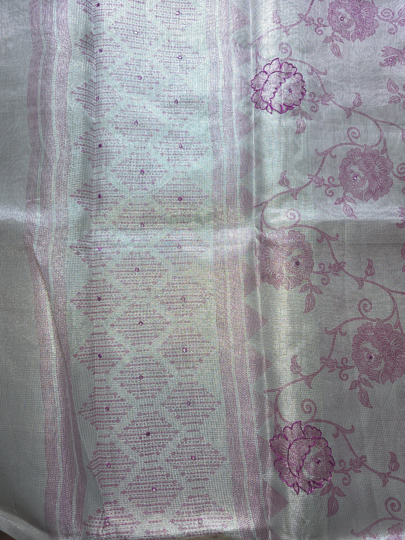 Silver Tissue Saree with Thread and Mirror work