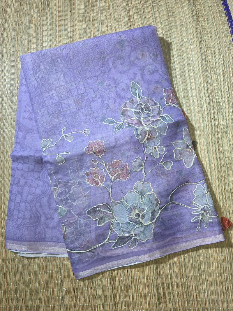 Kora Silk Printed Saree with Aari Work