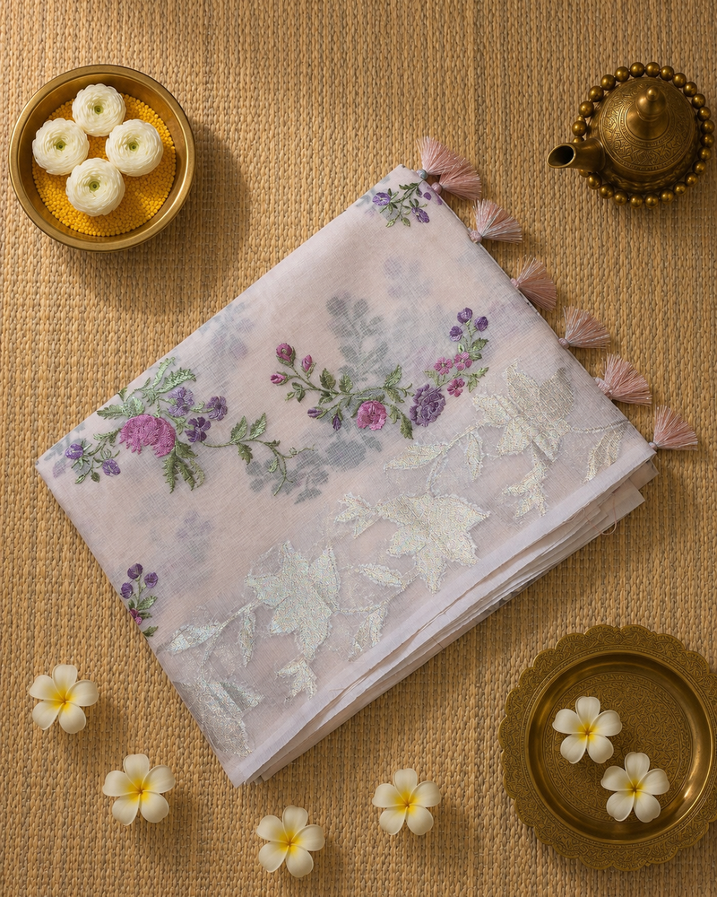 Kota Tissue Saree with Floral Woven Border and Embroidery