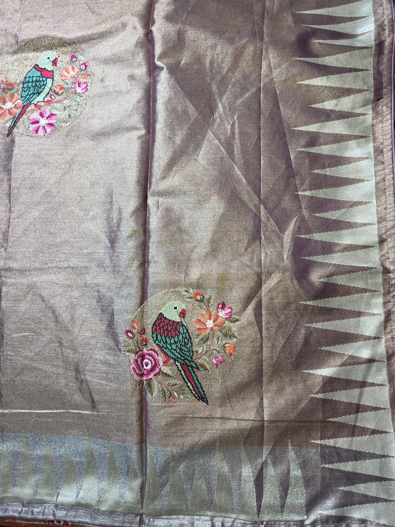 Pure Kora TIssue Saree with Temple Border and BIrd Motifs