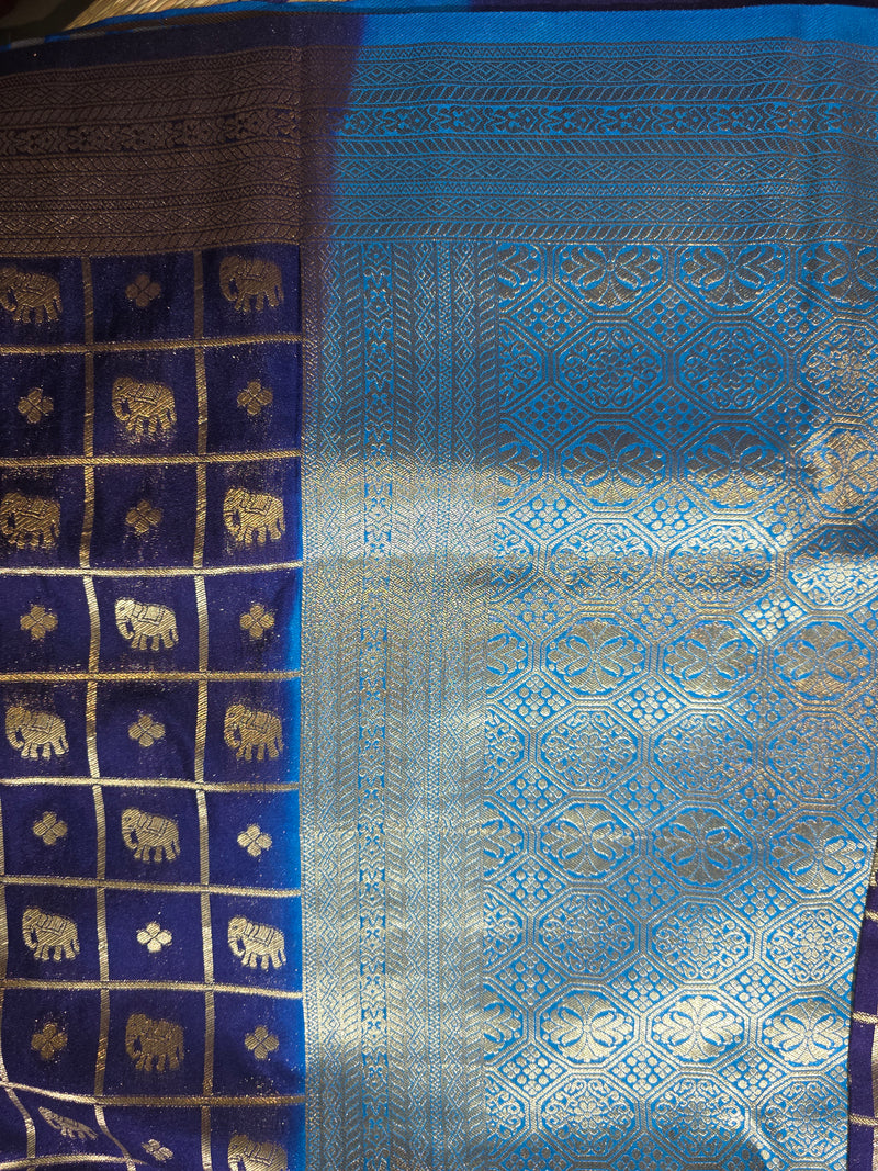 Premium Semi Mysore Crepe with Elephant motifs ,Rich Pallu and Ganga Jamuna Border