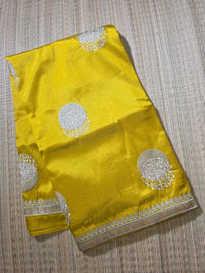 Yellow Pure Raw Silk Saree with Classic Embroidery