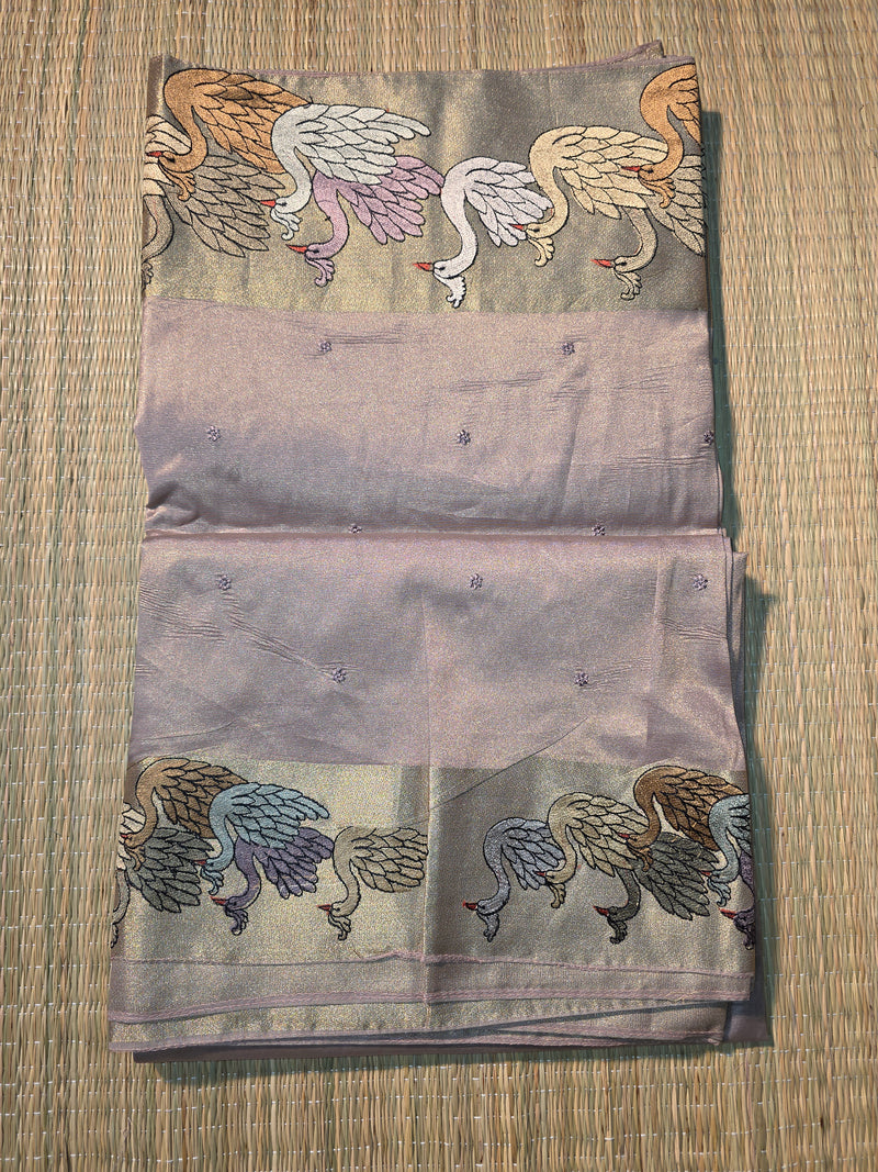 Pure Kora Tissue Silk Saree with Swan Embroidered borders
