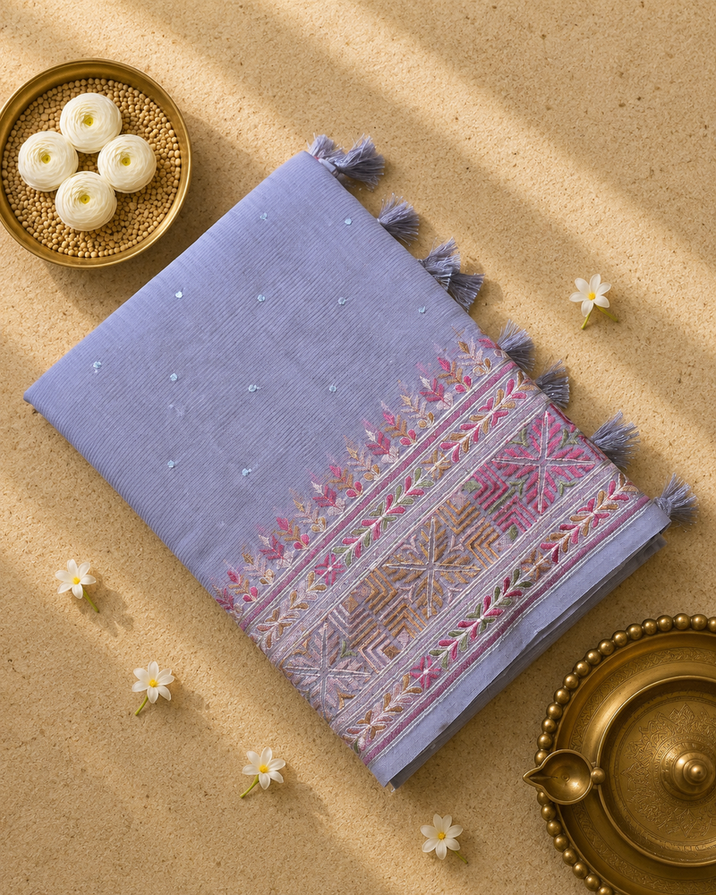 Linen Tissue Saree with Embroidery and Mirror Work