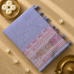 Linen Tissue Saree with Embroidery and Mirror Work