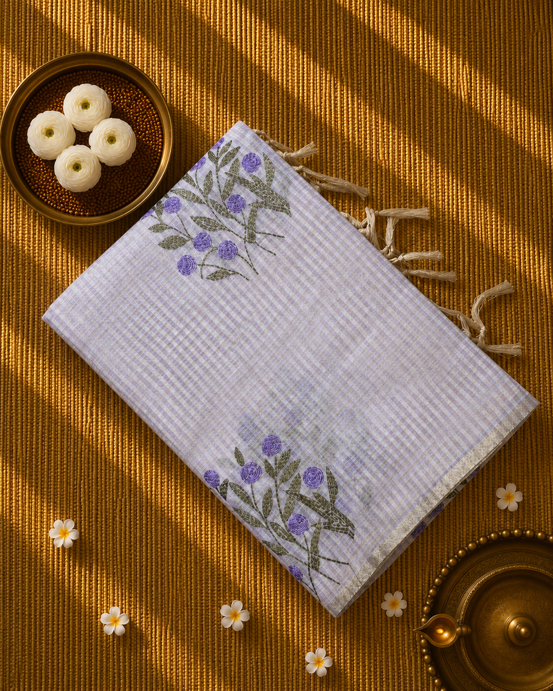 Linen Zari Saree in Checks and Floral Embroidery with Plain Blouse