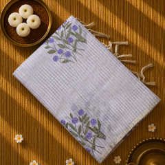 Linen Zari Saree in Checks and Floral Embroidery with Plain Blouse