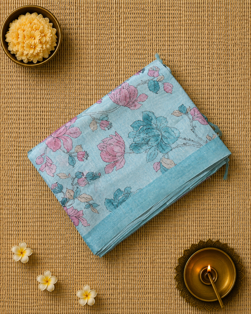 Blue Printed Tussar Silk Saree with Jamdhani Pallu