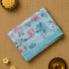 Blue Printed Tussar Silk Saree with Jamdhani Pallu