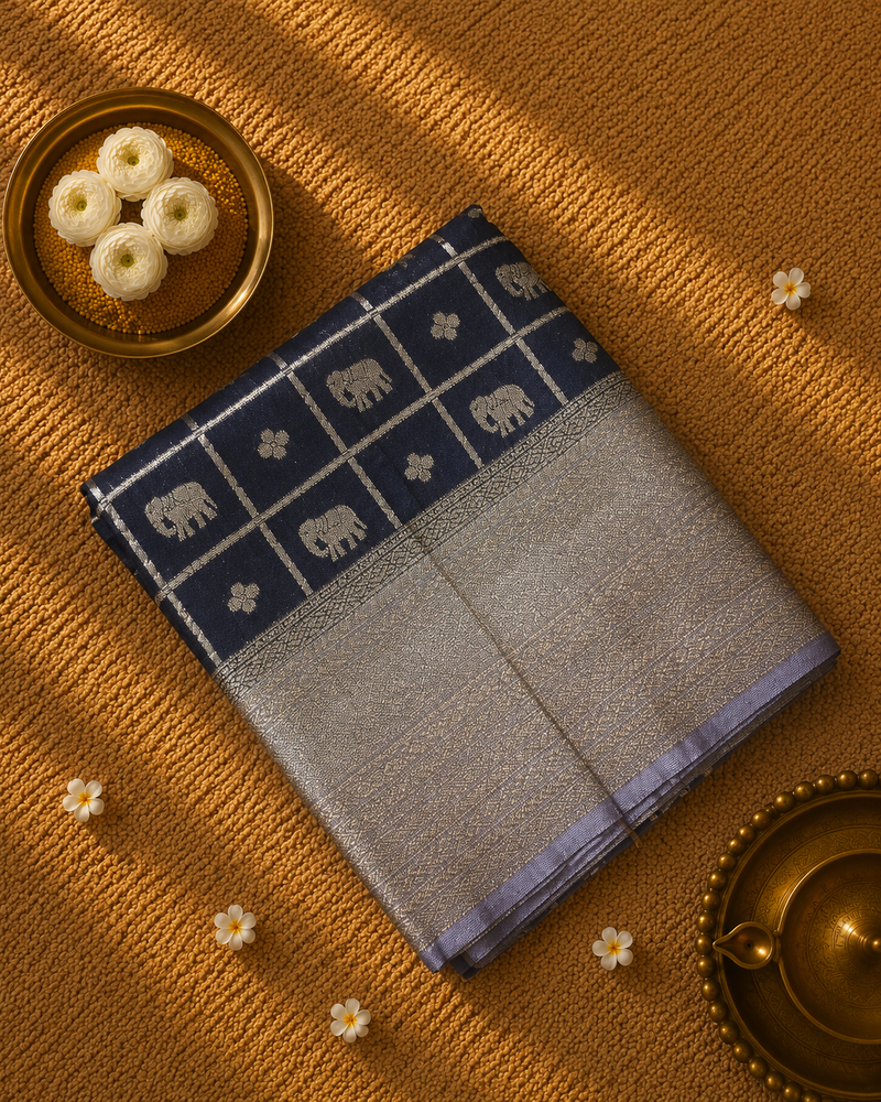 Premium Semi Mysore Crepe with Elephant motifs ,Rich Pallu and Ganga Jamuna Border