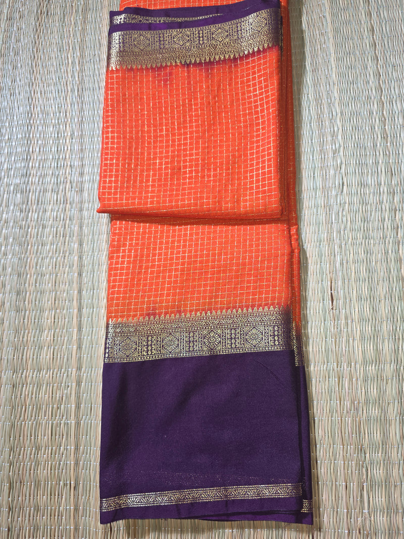 Premium Semi Mysore Crepe in Vintage Checks with Gap Border
