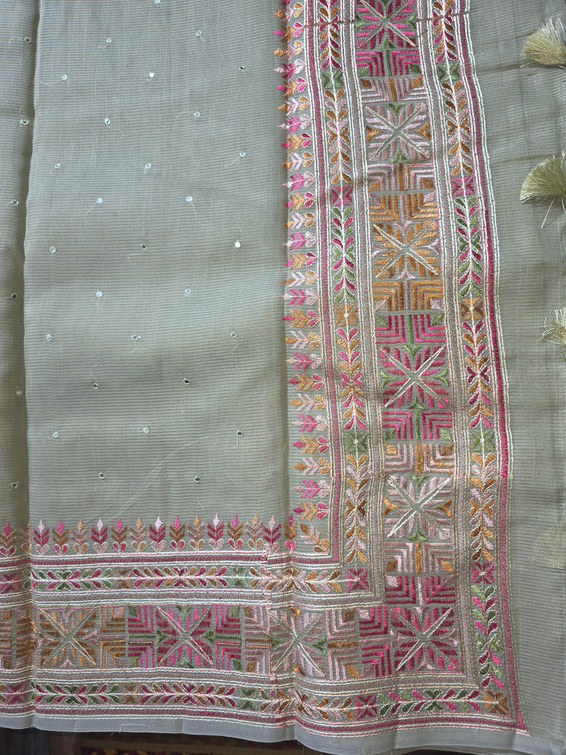 Linen Tissue Saree with Embroidery and Mirror Work