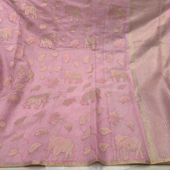Pink Linen Tissue Saree with all over Applique work