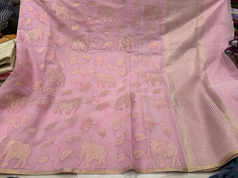 Pink Linen Tissue Saree with all over Applique work