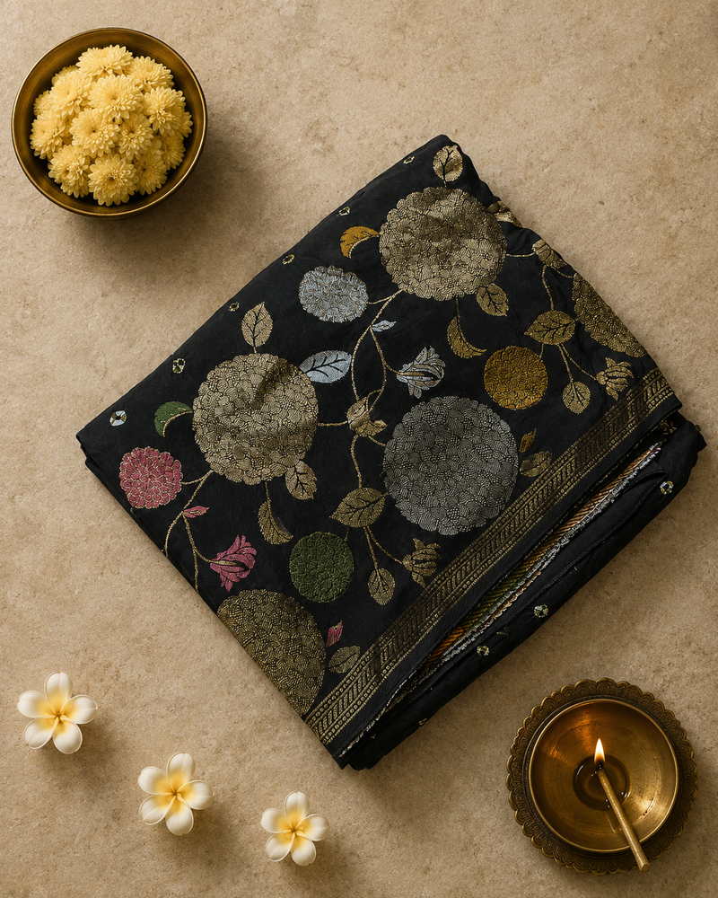 Black Bandhani Crepe Saree witth Floral Weaving