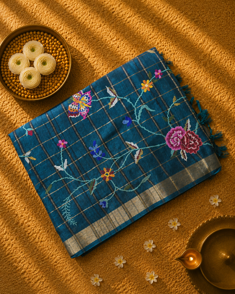 Pure Handloom Tussar Saree with Petit Point Embroidery all over