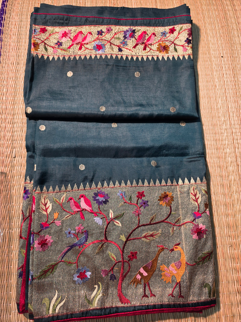 Pure Raw Silk Saree with 10 inch German Silver Paithani Border