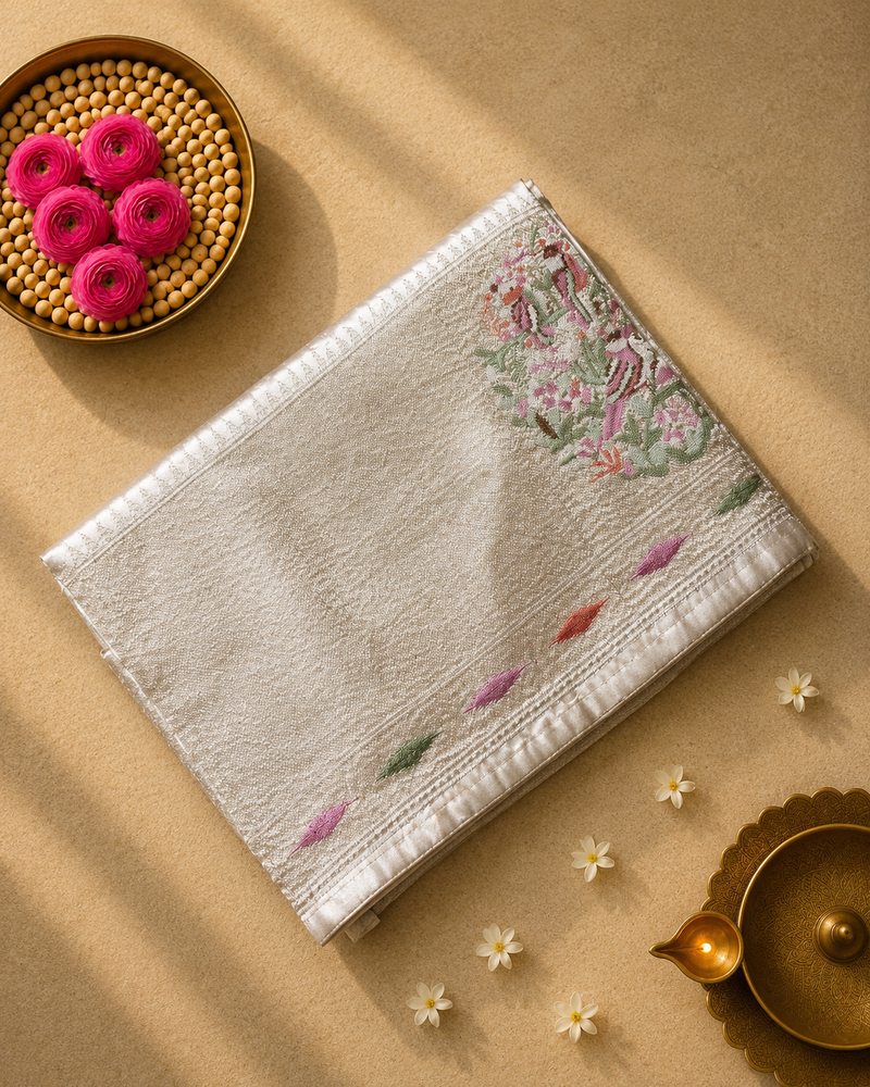 Pure Raw Silk Saree with 10 inch German Silver Border and Petit Point Work