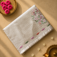 Pure Raw Silk Saree with 10 inch German Silver Border and Petit Point Work