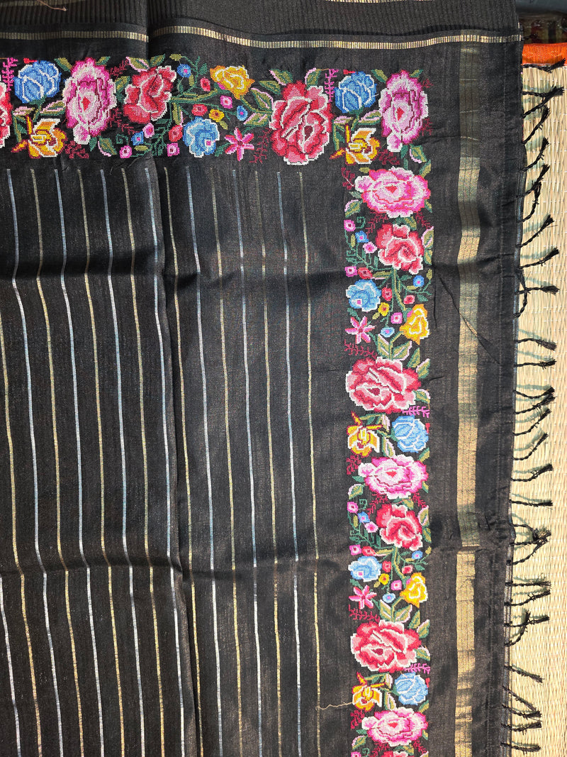 Tussar Silk Saree with Embroidery and Zari Stripes
