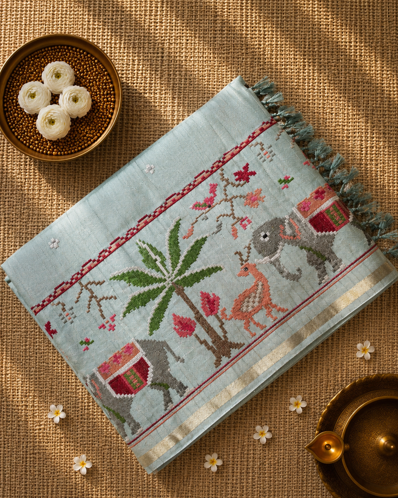 Pure Handloom Tussar Silk Saree with Embroidery and sequins in Muslin Pallu