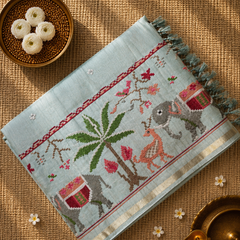 Pure Handloom Tussar Silk Saree with Embroidery and sequins in Muslin Pallu