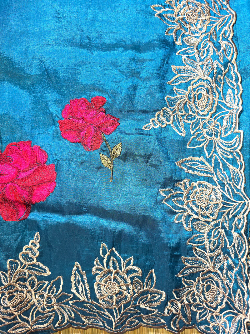 Pure Raw Silk Saree with Scalloped Border and Embroidery