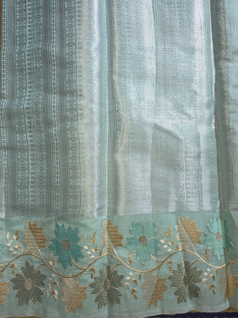 Blue Linen Tissue Saree with Silver Brocade Pallu and Blouse