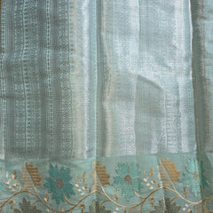 Blue Linen Tissue Saree with Silver Brocade Pallu and Blouse