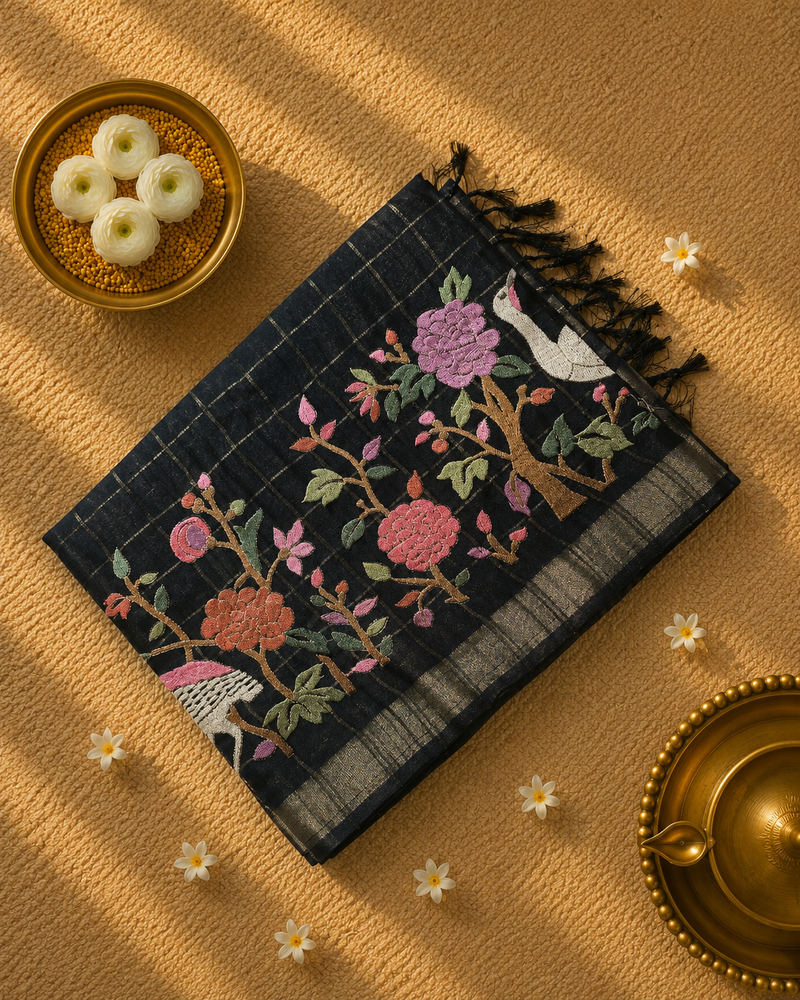 Pure Handloom Tussar Saree with Zari Checks and Embroidery